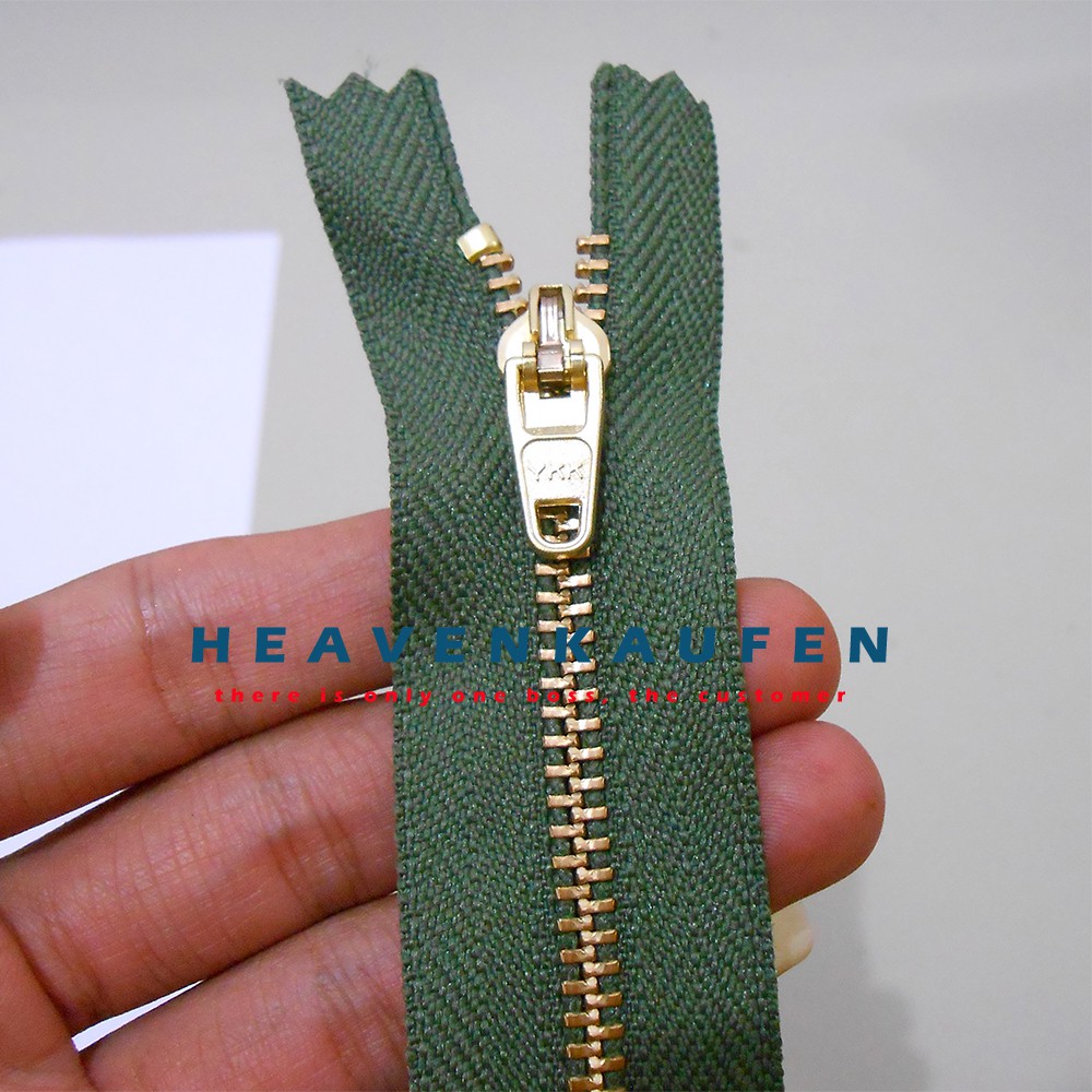 Resleting/Zipper Jeans YKK 6 inch-15,2 cm Hijau TNI/Hijau Tentara-Gold