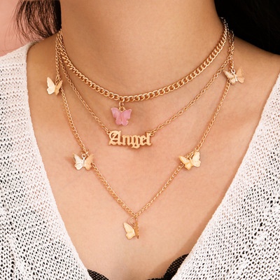 ➰CKK➰ Kalung Rantai Panjang Double Layer K11 Liontin Butterfly Letter Angel Bahan Akrilik