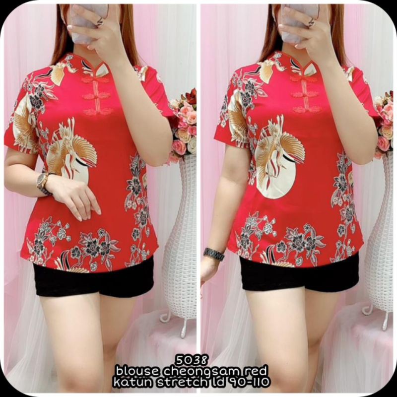 Blouse cheongsam red Katun stretch 5038