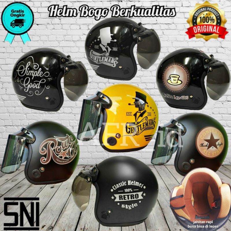 HLM Bogo Kaca Datar Helm Retro Classic Full Leher SNI Wanita Pria Dewasa