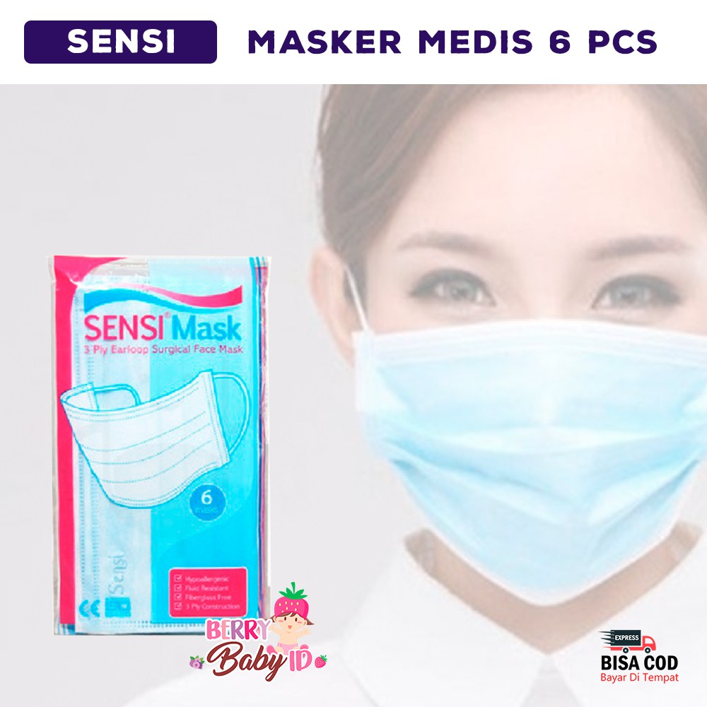 Sensi Surgical Face Mask Earloop 3 Ply Masker Medis isi 6 pcs Berry Mart