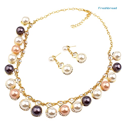 Terlaris Women Faux Pearls Rhinestone Chain Necklace Earrings Wedding Bride Jewelry Set