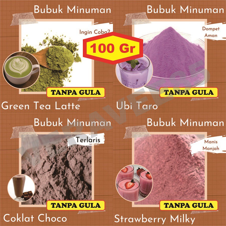 

Bubuk Minuman Tanpa Gula Coklat Green Tea Red Velvet Taro Thai Tea Strawberry Non Gula Rasa Enak