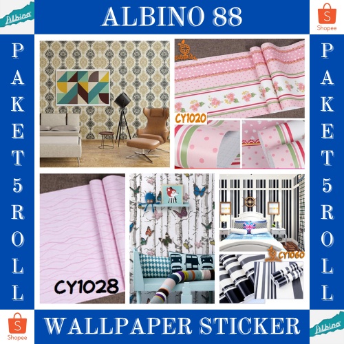 PAKET PROMO 5 ROLL Wallpaper Stiker Dinding Wallpaper Stiker Ruang Tamu Wallpeper Tembok Kamar Tidur 3d Karakter &amp; Elegant Murah