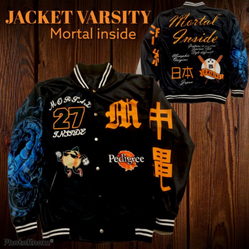 ( BISA COD) JAKET VARSITY BASEBALL MOTIF TERBARU PRIA WANITA SIZE XL-BASE MORTAL 27 BIRU