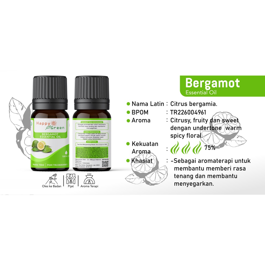 BPOM approved Happy Green Bergamot Essential Oil - Minyak Jeruk Bergamot Italian Murni Garansi Uang Kembali