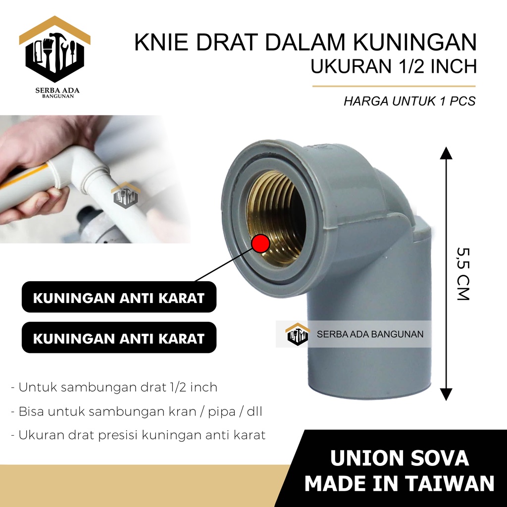 Knee Drat Dalam (KDD) Kuningan 1/2 inch / Elbow Pipa / Union Kualitas Bagus