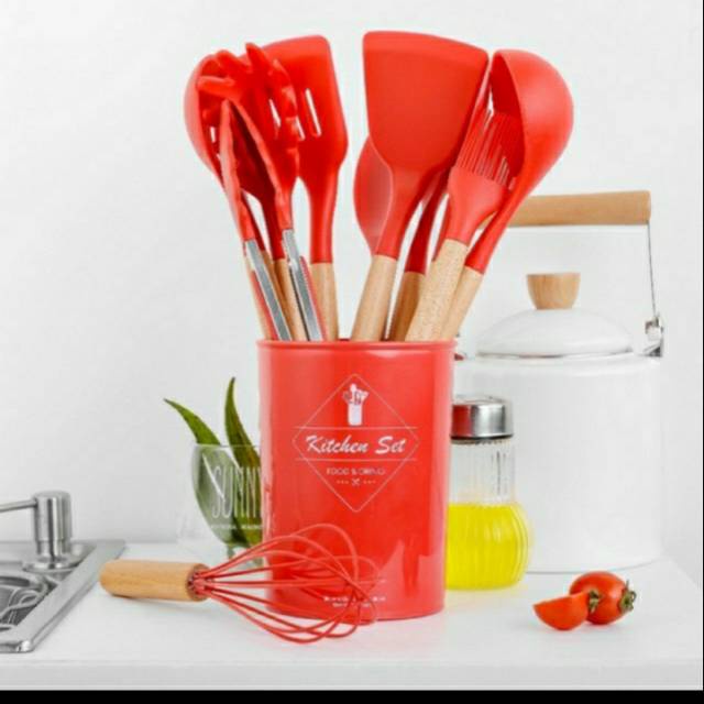 Spatula Set Silikon Full 12pcs Kitchen Baking Utensils Set Sutil Alat Dapur / pengocok telur sutil sodet capitan sendok sayur sendok mie spageti gorengan sop daging silicon gagang kayu dengan tempat tidak meleleh