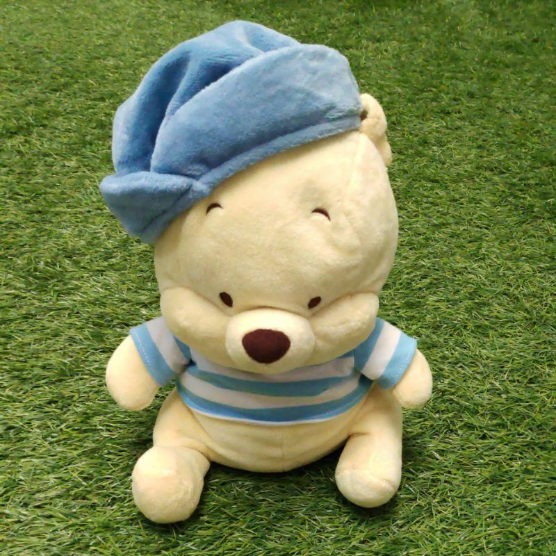 Boneka Winnie the Pooh T-shirt Blue Stripes and Hat Original Disney Baby - hadiah ulang tahun