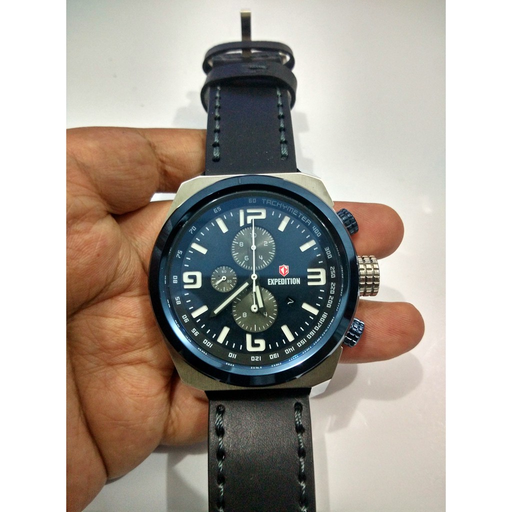 Jam Tangan Pria Expedition E6356 6356 Silver Navy Black Leather Original