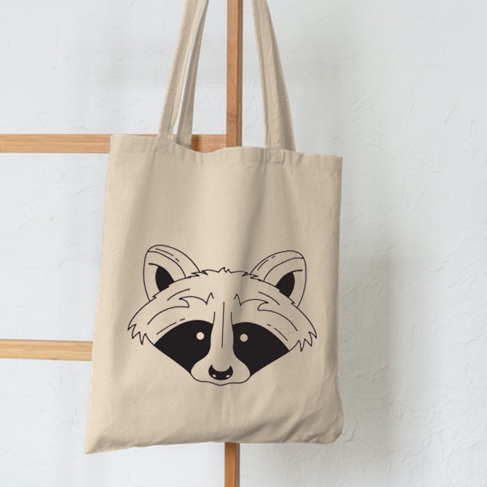 3.3 Sale Tas Totebag Bergambar Raccoon Resleting Berbahan Semi Kanvas Dinir 300 Biru Muda, Pink, Cream, dan Hitam Edisi Totebag