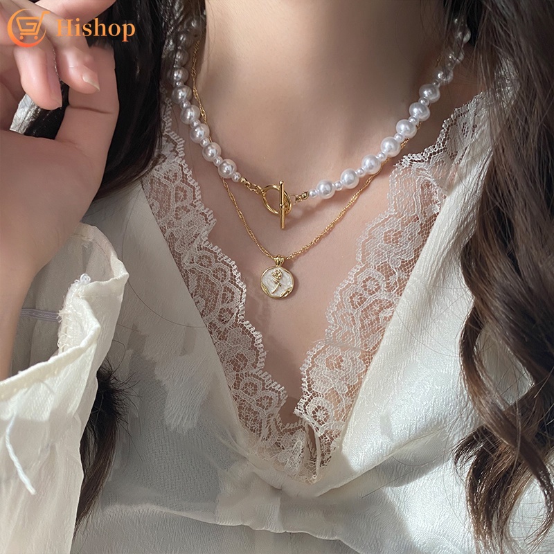 Kalung Rantai Choker Liontin Mutiara Rose Wafer Lapisan Ganda Warna Emas Untuk Aksesoris Wanita