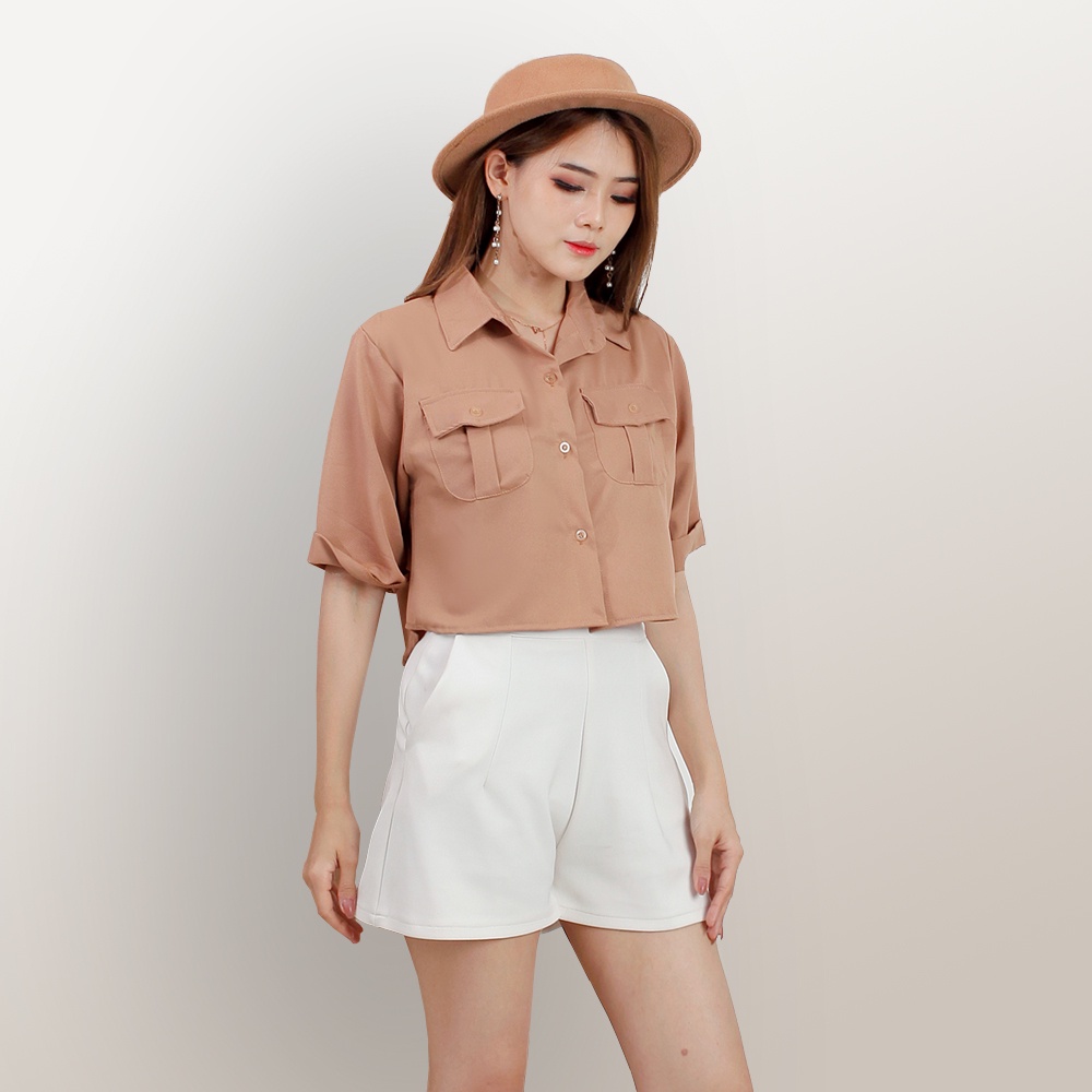 Kemeja cropped lengan pendek wanita gaya Korea variasi kantong warna model terbaru  - XSHOP Lihua