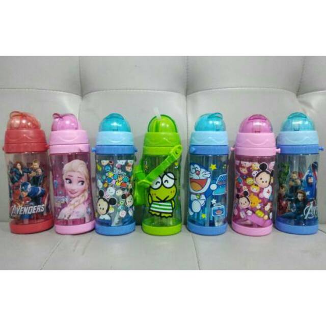 Botol Minum Sedotan Tali Panjang Botol Anak Keroppi Tsum Doraemon Frozen Pony 450mL Tempat Minum