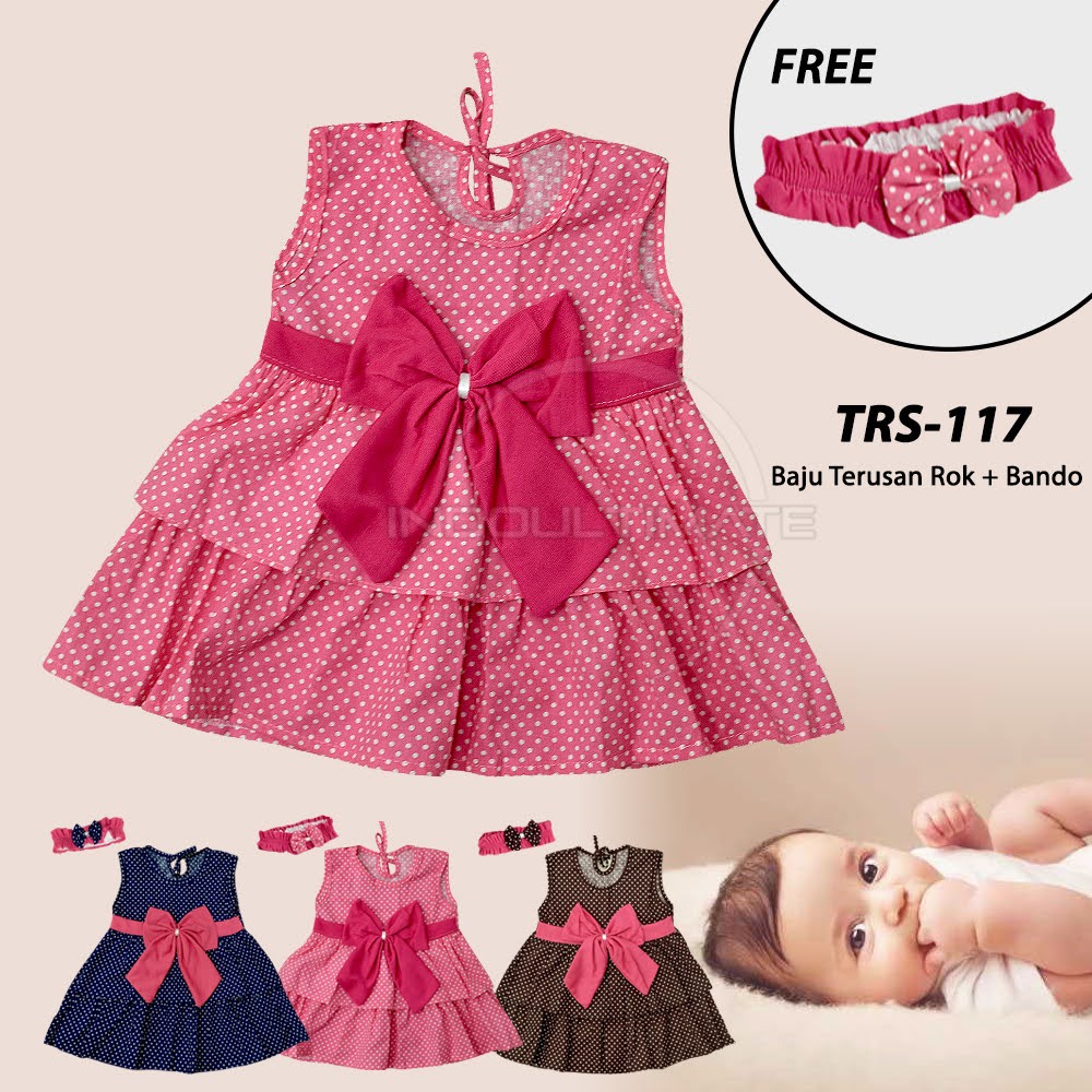 Dress Baju Bayi Perempuan Motif Pita + Bando (0-6 bulan) Baju Bayi Cewek Pakaian Bayi TRS-117 Setelan Bayi Perempuan Motif Kitty