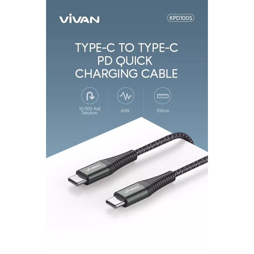 Vivan KPD100S Quick Charge USB Type C to C PD 60W 3A 100cm Fast Charging with Cable Data Velcro Strap