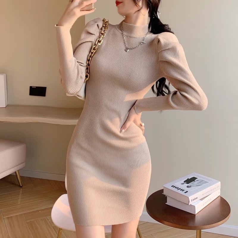 Sweater wanita import korean style Fanny high neck lowneck turtleneck bodycon dress rajut