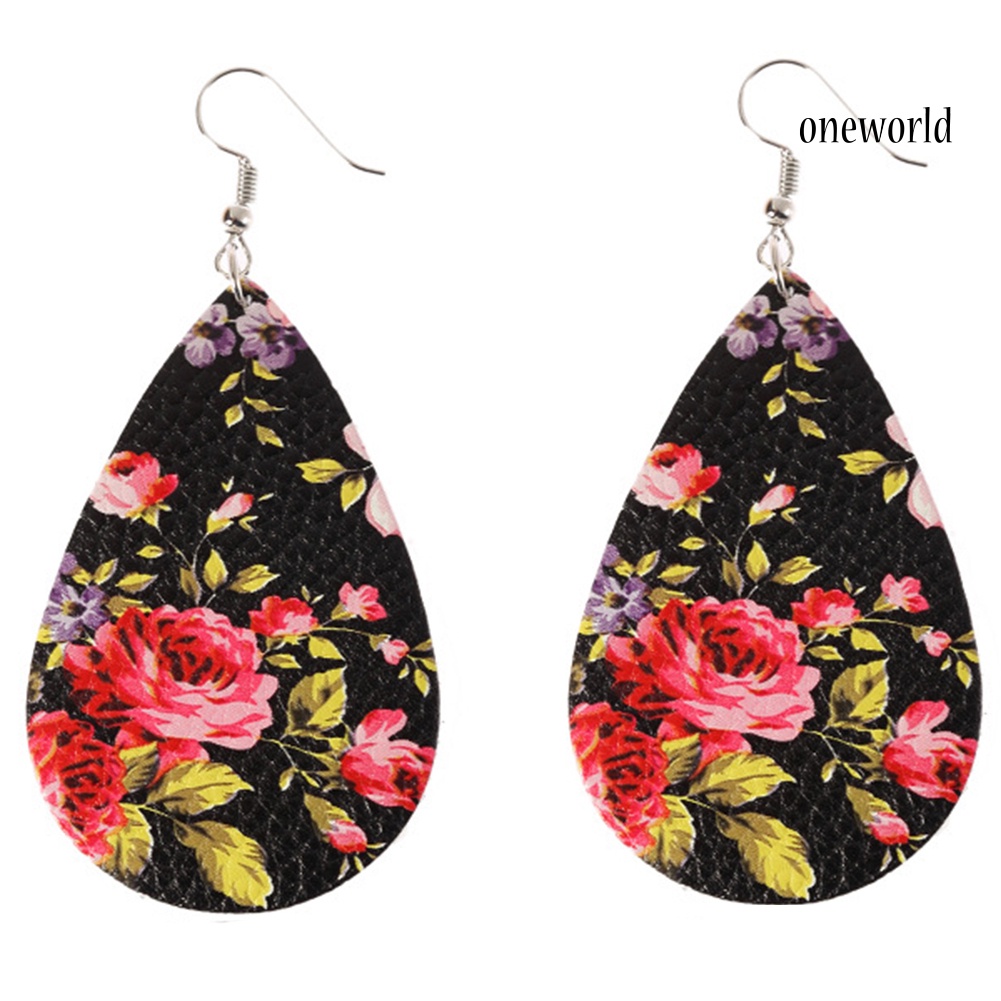 OW@ Boho Women Floral Pattern Teardrop Dangle Faux Leather Hook Earrings Jewelry