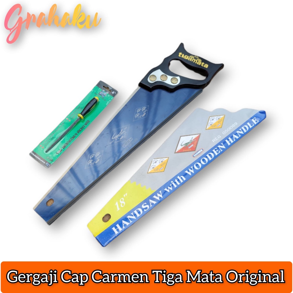 ( Free Kikir ) Gergaji Kayu Super Tajam Ori Cap Carmen Tiga Mata - Gergaji Geregaji Potong Kayu 18 I