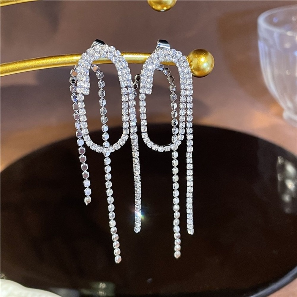 Anting Rumbai Panjang Aksen Berlian Imitasi Gaya Korea Untuk Wanita