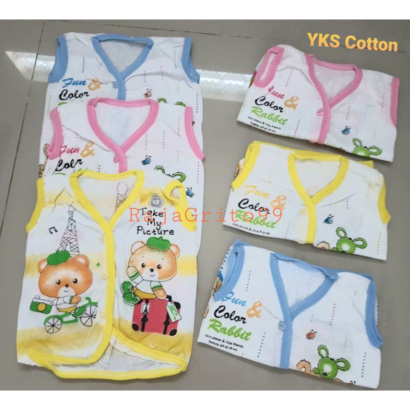 Baju Bayi Atasan Tanpa Lengan KATUN Print (Grosir 12pcs) Baju Bayi Yks / Baju bayi putih katun TC Motif