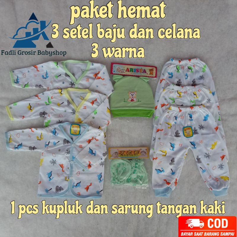 3 Setel Baju Celana Panjang Bayi Newborn Kupluk Sarung Tangan Dan Kaki Terlaris