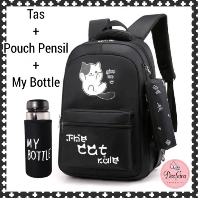 Tas Sekolah Wanita Tas Backpack Cat Set Pouch Pensil dan My Bottle