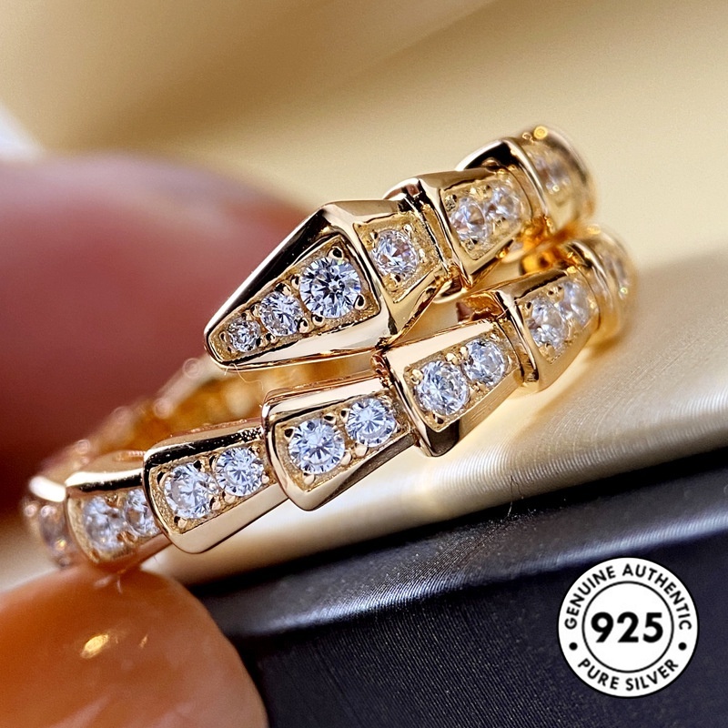 Cincin Model Terbuka Desain Ular Aksen Berlian Bahan S925 Silver