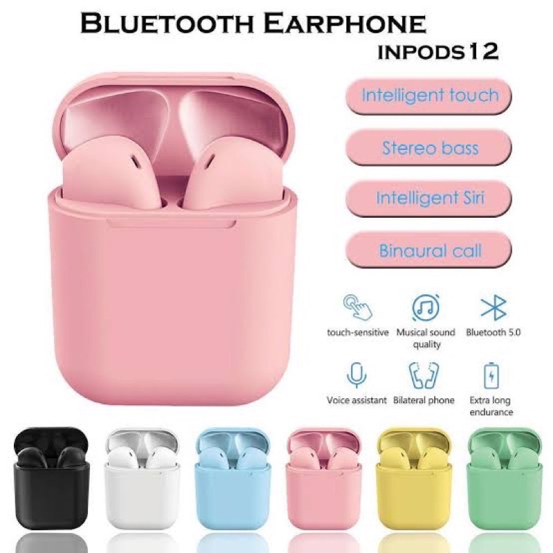 Earphone Handsfree Wirelless Inpods I12 Macaron Tws I12 T5F6 Headset Berkualitas tahan lama Super Ba