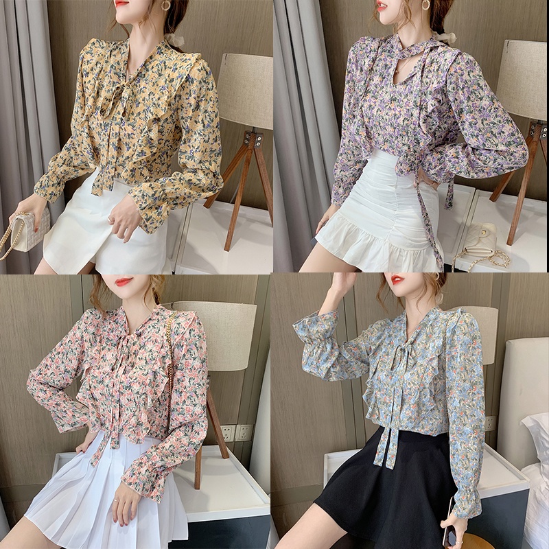 Blus bunga tipis wanita lengan panjang sablon busur terbaru all-match blouse