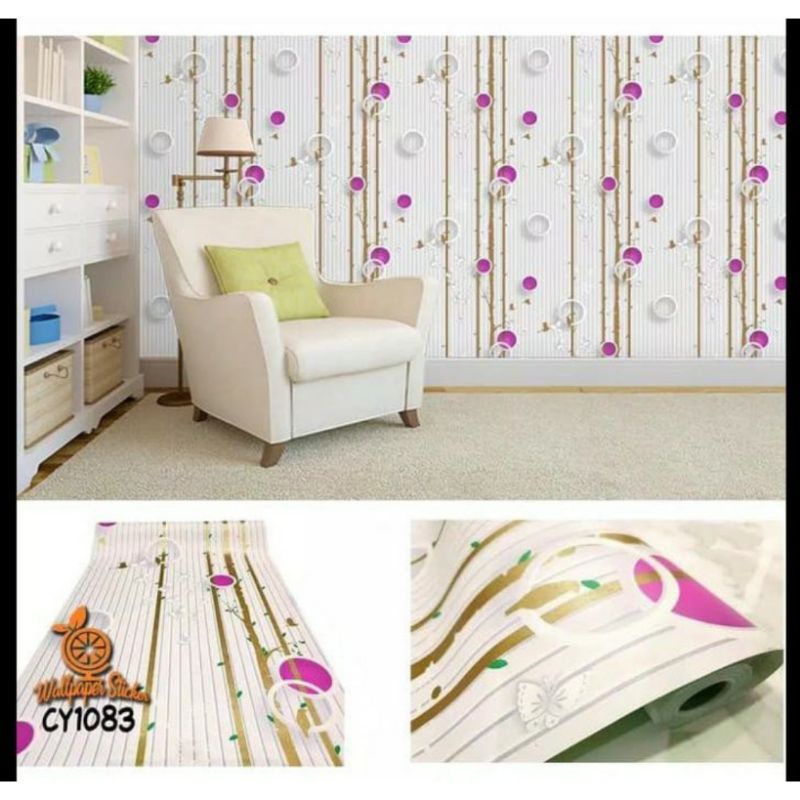 Wallstiker ukuran 45cm × 10m kode CY1083 salur daun ungu