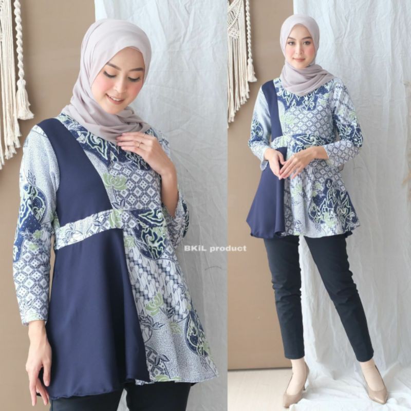 tey-17 Batik wanita ASJ SA HRB026 Kenongo Kemeja Tosca Pendek-B Simply Navy