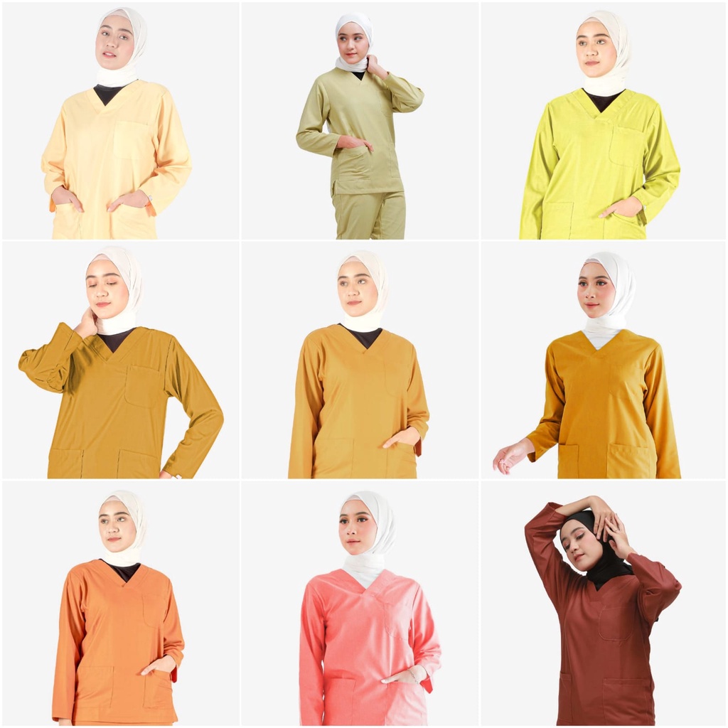 (LENGAN PANJANG - Jingga Kuning) Trustwear Scrub | Baju OK | Set Baju Celana Jaga | Dokter | Perawat