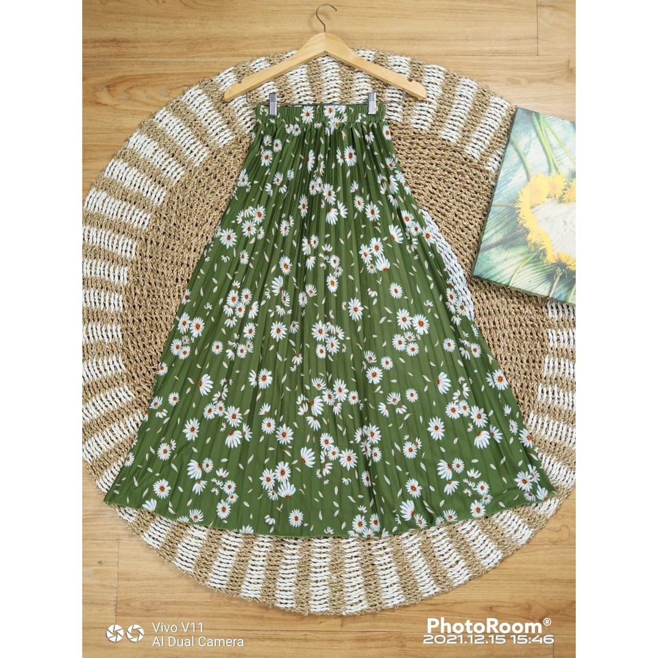 GS-ROK PLISKET DAISY PREMIUM / LILY DAILY PREMIUM /ROK PLISKET PANJANG/ROK PLISKET MOTIF BUNGA-MATAHARI ARMY