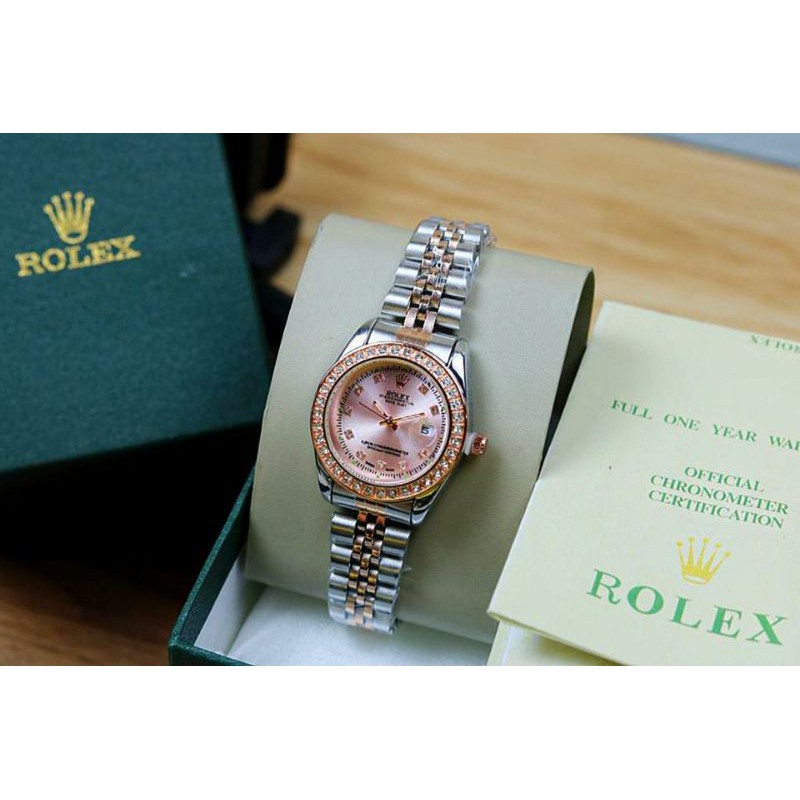 ROLEX FREE BOX ORI & KARTU JAM TANGAN WANITA RANTAI STEINLESS TGL AKTIF