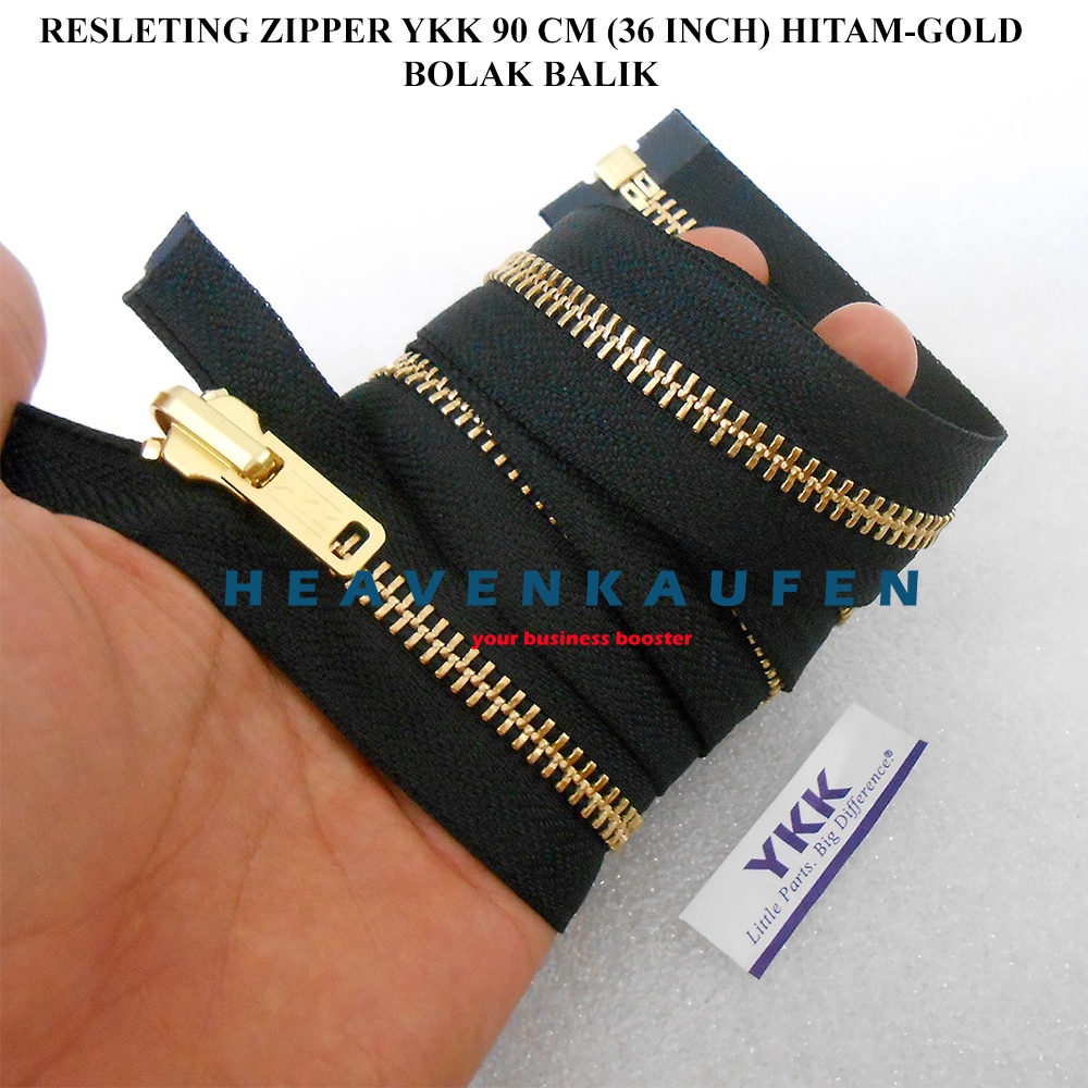 Resleting Zipper YKK 90 cm Atau 36 inch Hitam Gold Emas Type Gigi Besi Model Set Open End Buka Lepas