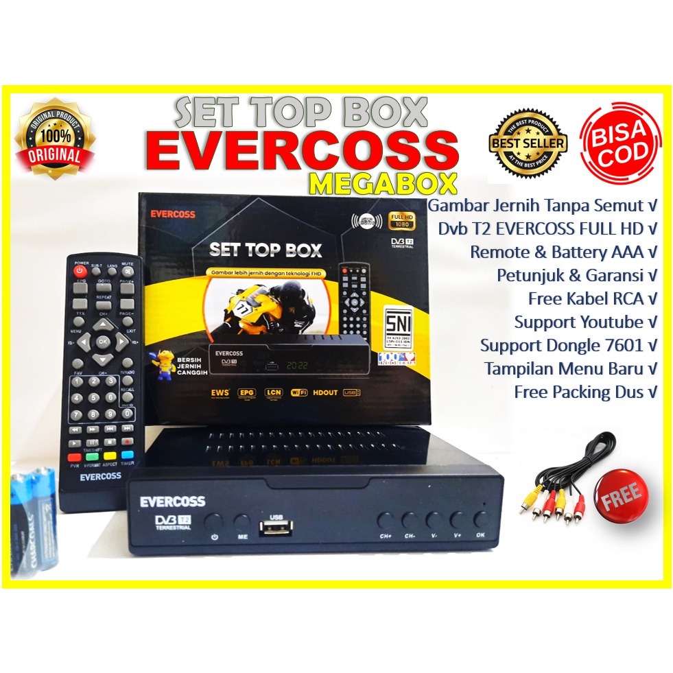 STB SET TOP BOX EVERCOSS DVB T2 TV DIGITAL CHANNEL ORIGINAL WIFI BISA YOUTUBE