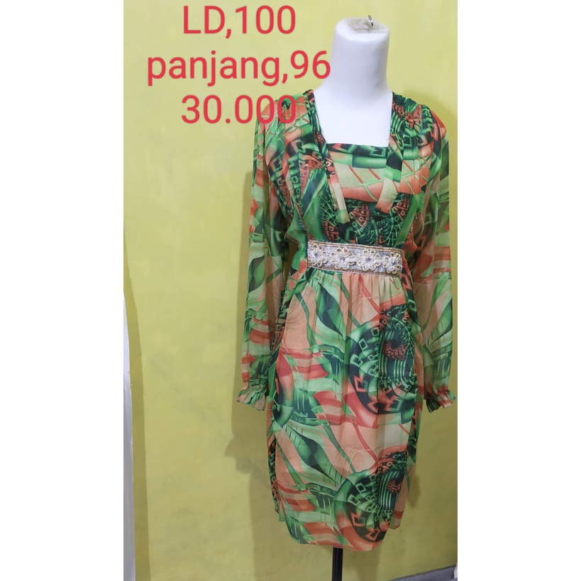 DRESS SIFON MOTIF ABSTRAK BERPURING DRESS HIJAU Dress Wanita /Dress wanita /Dress Premium/Dress Vint