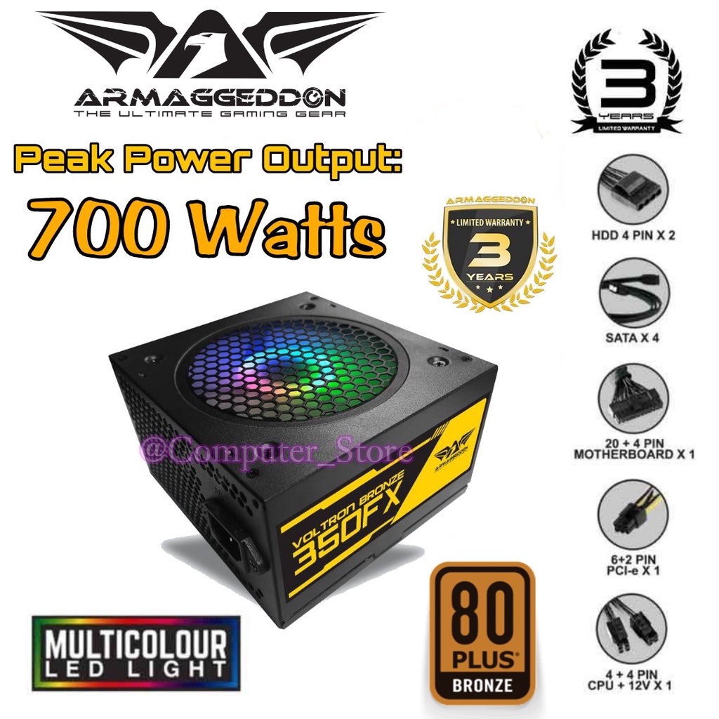 Power Supply 350FX Armaggeddon PSU Gaming 80 Plus 80+ Voltron Pure Power 350W [ Peak Power 700Watts ][12cm RGB Fan][ 3 Tahun Garansi ]