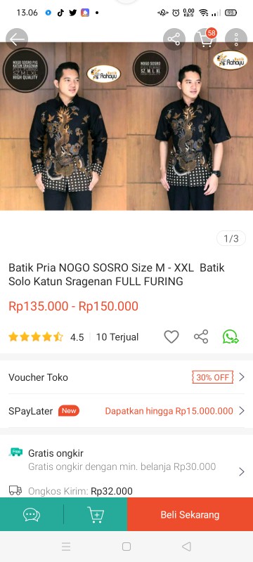 Batik Pria Nogo Sosro Size M - Xxl  Batik Solo Katun Sragenan Full Furing