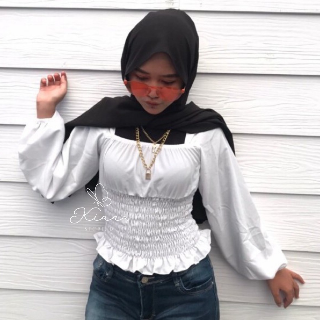 M-XXXXL BLOUSE Baju Atasan Sabrina Irise Kerut/Serut Lengan Panjang/Pendek/Balon Crop Top Blouse Kor