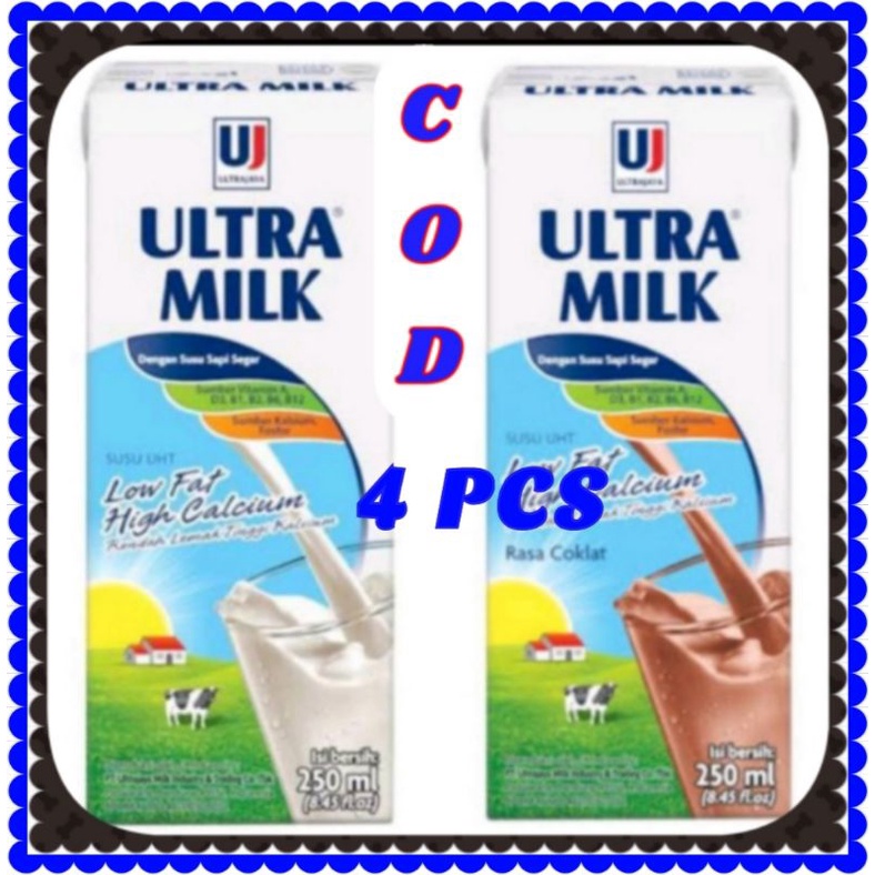 

4 SUSU ULTRA MILK LOW FAT SUSU UHT 250ml/RENDAH LEMAK/ 2 VARIAN COKLAT, PLAIN (4 pcs)
