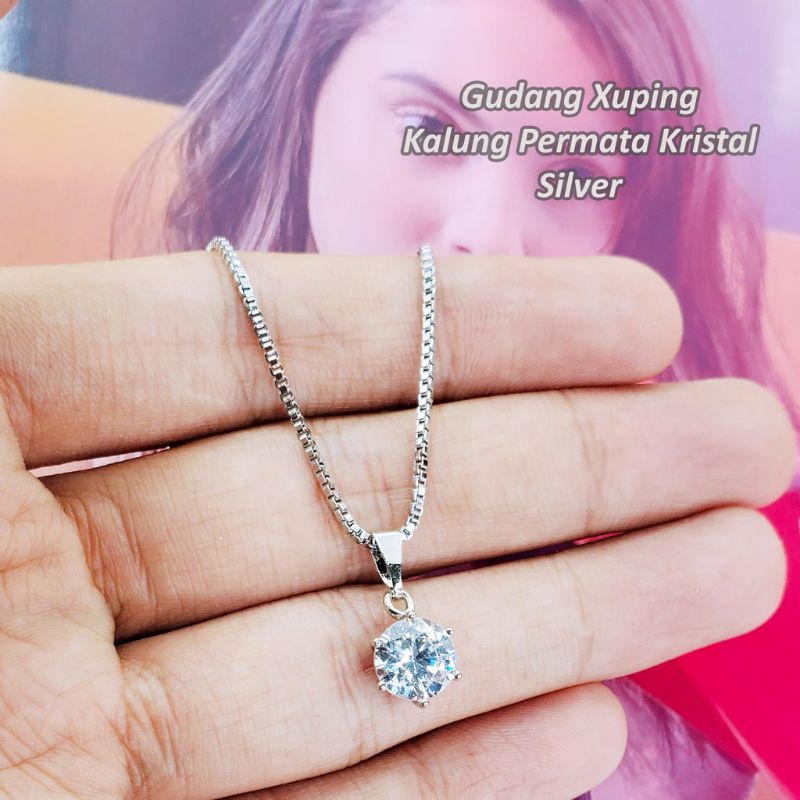 Kalung Stainless Steel Sepuhan Permata Kristal Gold dan Silver