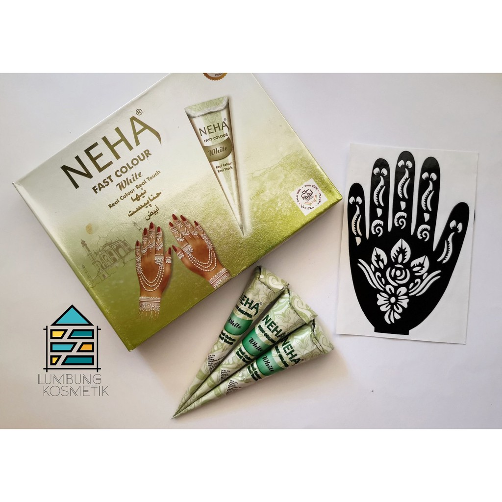 Paket Henna Neha Putih + Cetakan Sticker Hena White Cone Nail Art Ecer