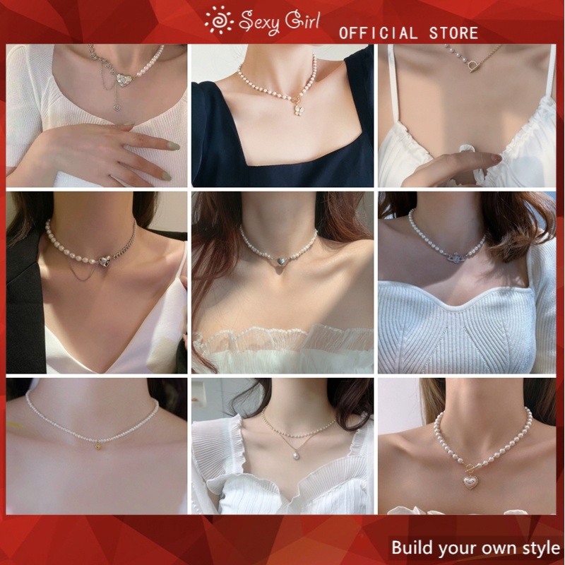 Kalung Rantai Liontin Kupu-Kupu Hias Mutiara Imitasi Gaya Korea / Simple / Sexy Untuk Wanita