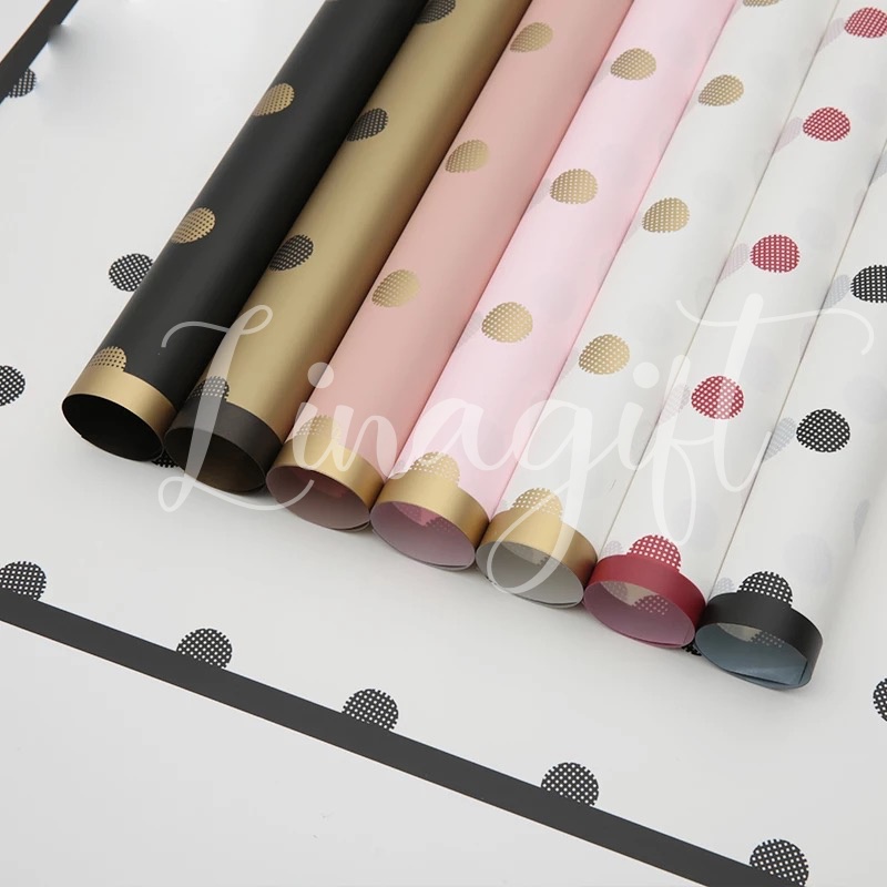 ( 5 Lembar ) TRANSLUCENT POLKADOT - FLOWER WRAPPING PAPER POLKADOT LIS EMAS CELLOPHANE PLASTIC GOLD KERTAS BUNGA BUKET FLORIST