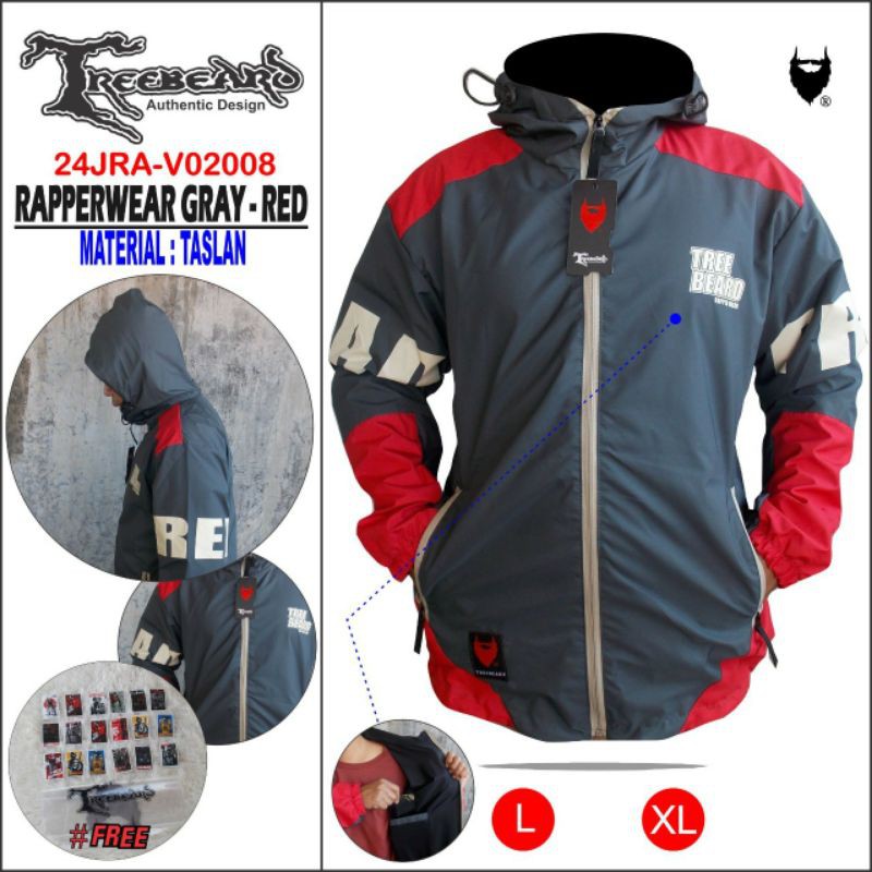 RAPPERWEAR Jaket Gunung TREEBEARD Anti Air / Jaket Pria & Wanita / Jaket Hoodie Outdoor Waterproof-RA GRAY-RED