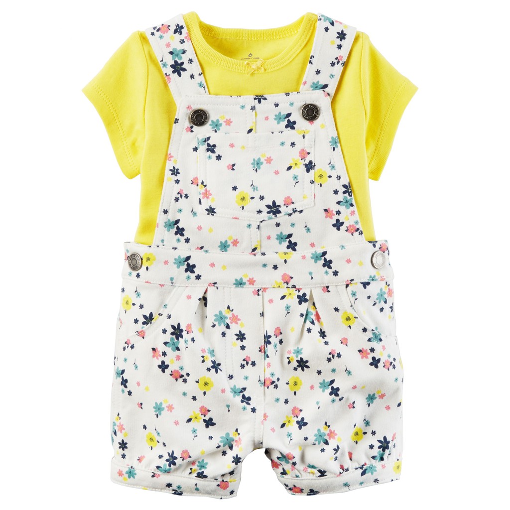 Carter yellow shirt and white floral overall baby girl | Setelan overall carter baby girl