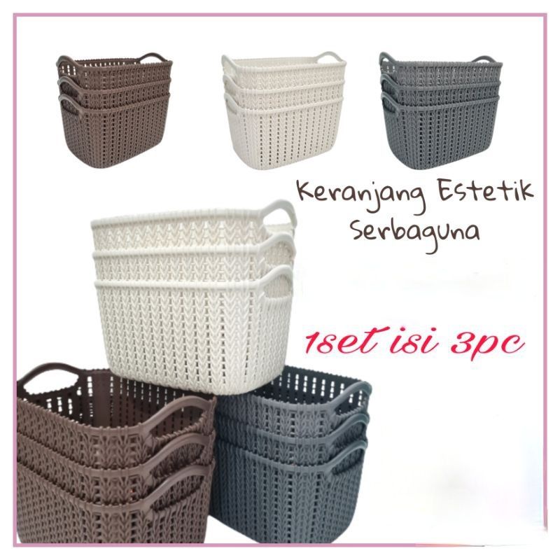 3 PCS KERANJANG SERBAGUNA ROTAN  ESTETIK MONGOLIA