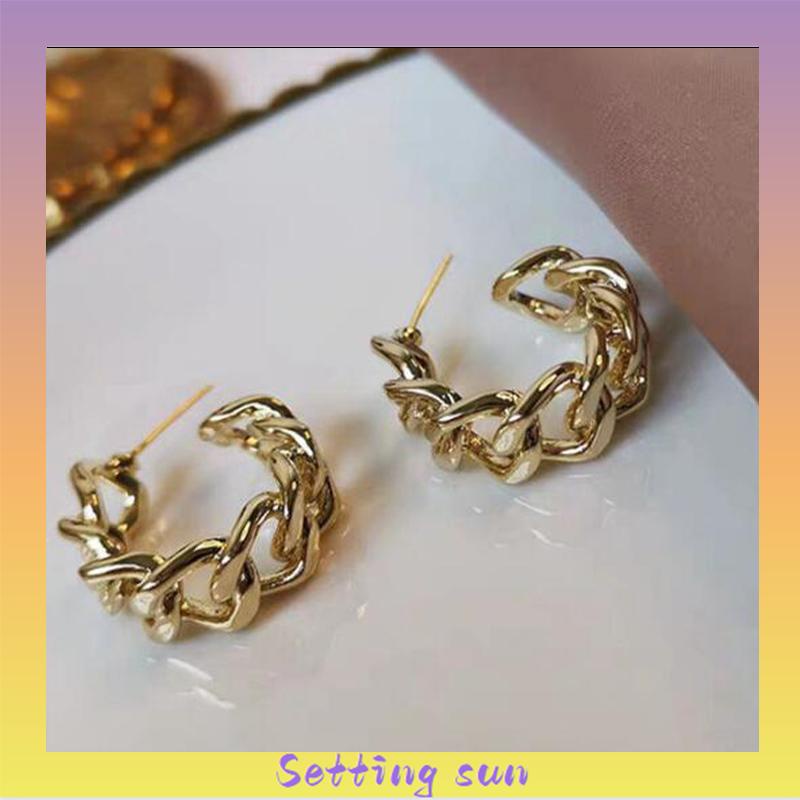 Anting Stud Model Rantai Rongga Bahan Logam Gaya Retro TN